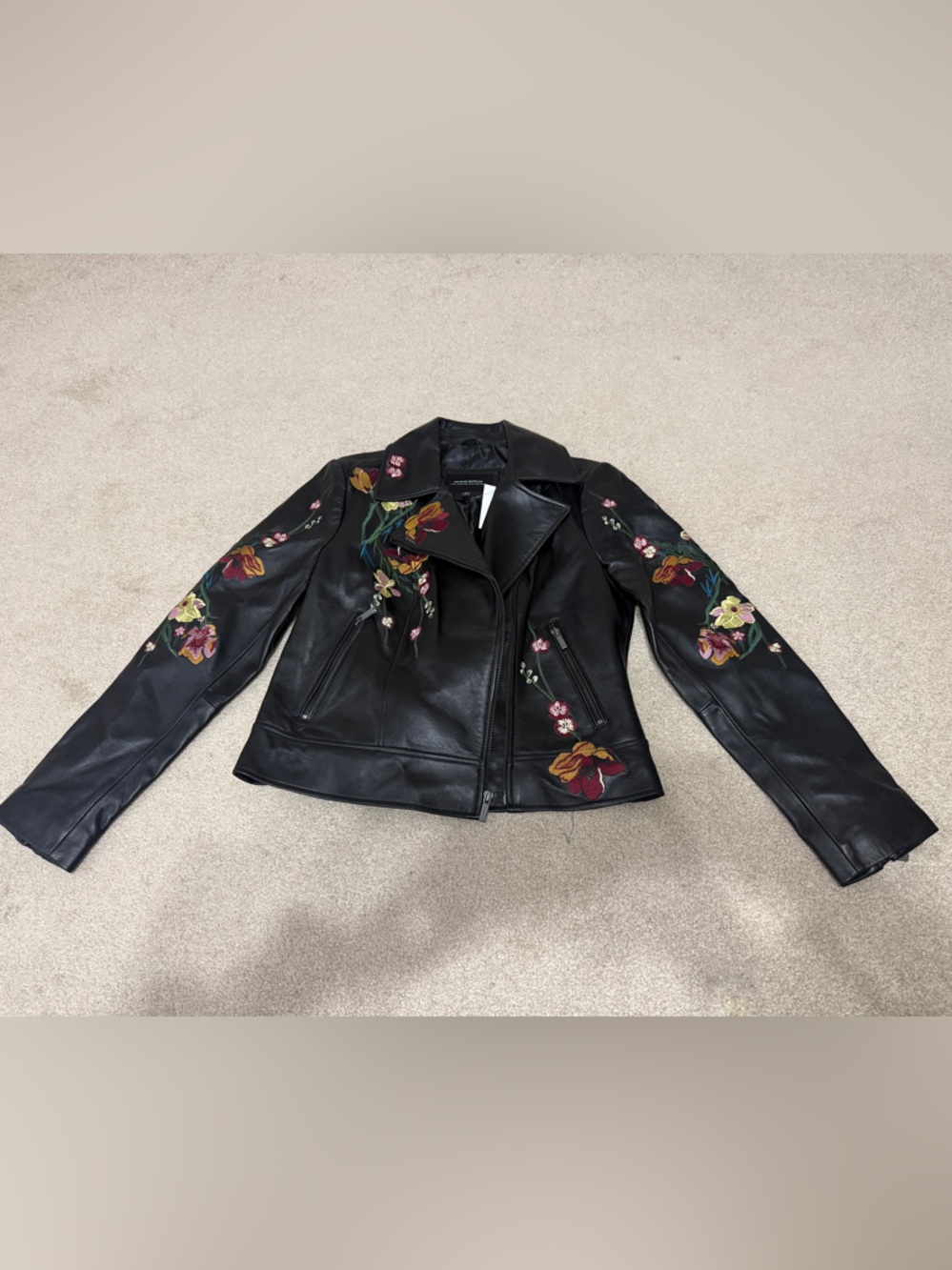 Neiman Marcus Black Leather Jacket with Multicolor Floral Embroidery